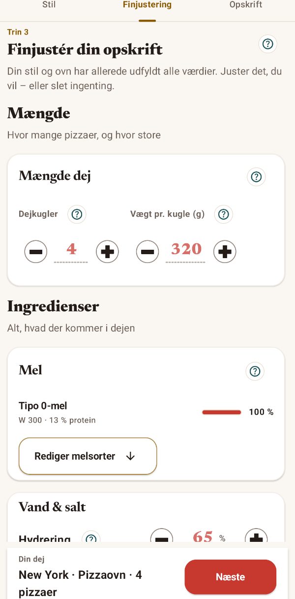 Dejmængde, mel og hydrering under finjustering