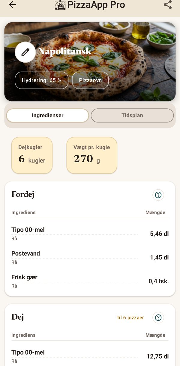PizzaApp Pro: opskrift med fordej og ingredienser i gram
