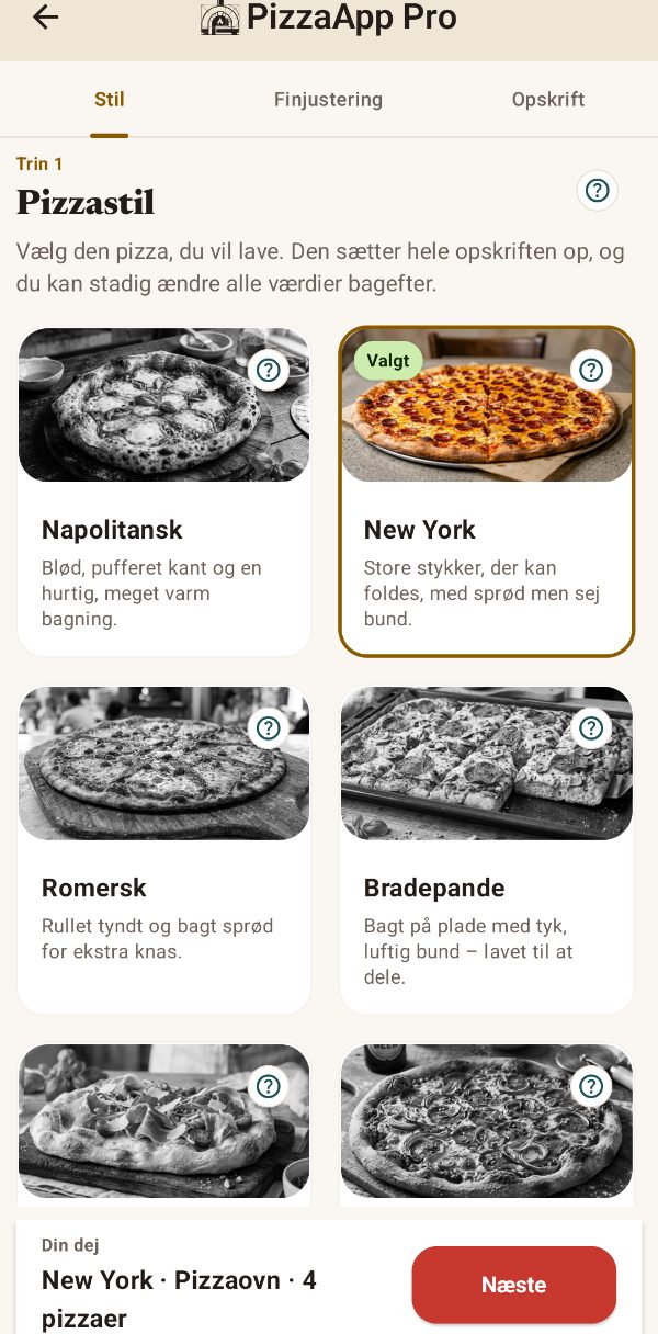 Valg af pizzastil i appen