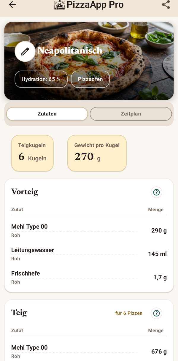 PizzaApp Pro: Rezept mit Vorteig und Zutaten in Gramm