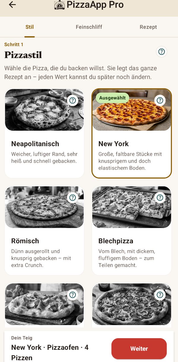 Auswahl des Pizzastils in der App