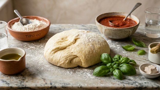 Pizza dough with flour, tomato sauce and basil