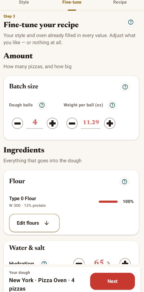 Dough amount, flour and hydration while fine-tuning