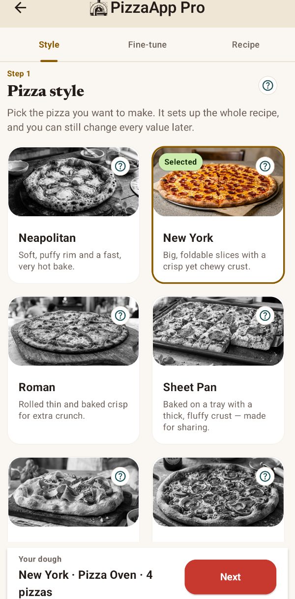Picking the pizza style in the app