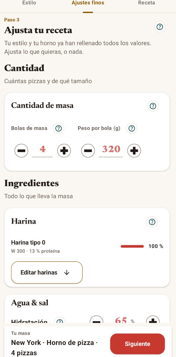 Cantidad de masa, harina e hidratación en el ajuste fino
