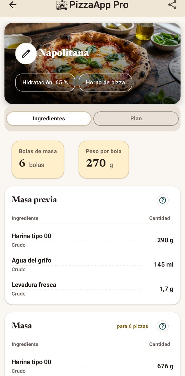 PizzaApp Pro: receta con masa previa e ingredientes en gramos