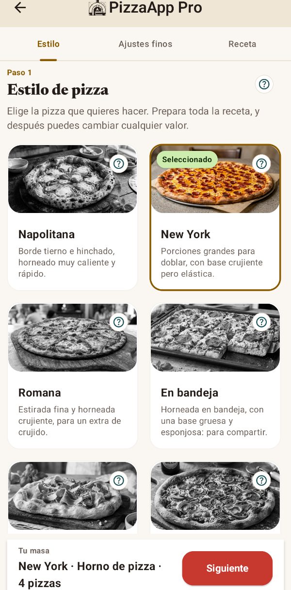 Elección del estilo de pizza en la app