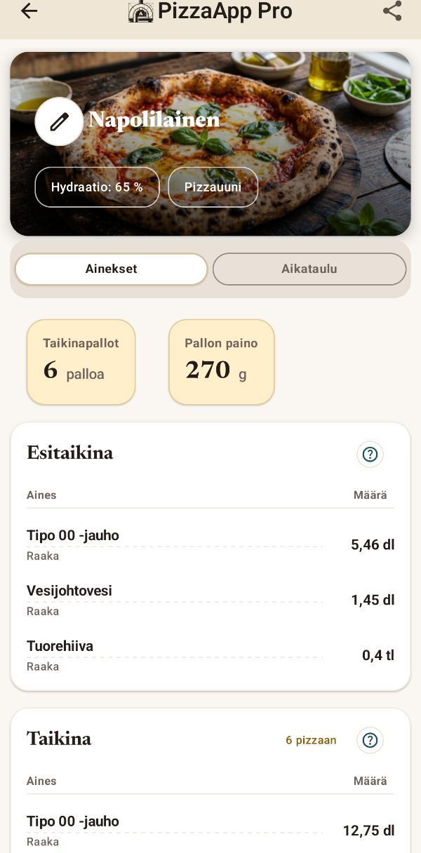 PizzaApp Pro: resepti, jossa on esitaikina ja ainekset grammoina