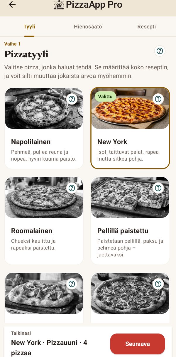 Pizzatyylin valinta sovelluksessa