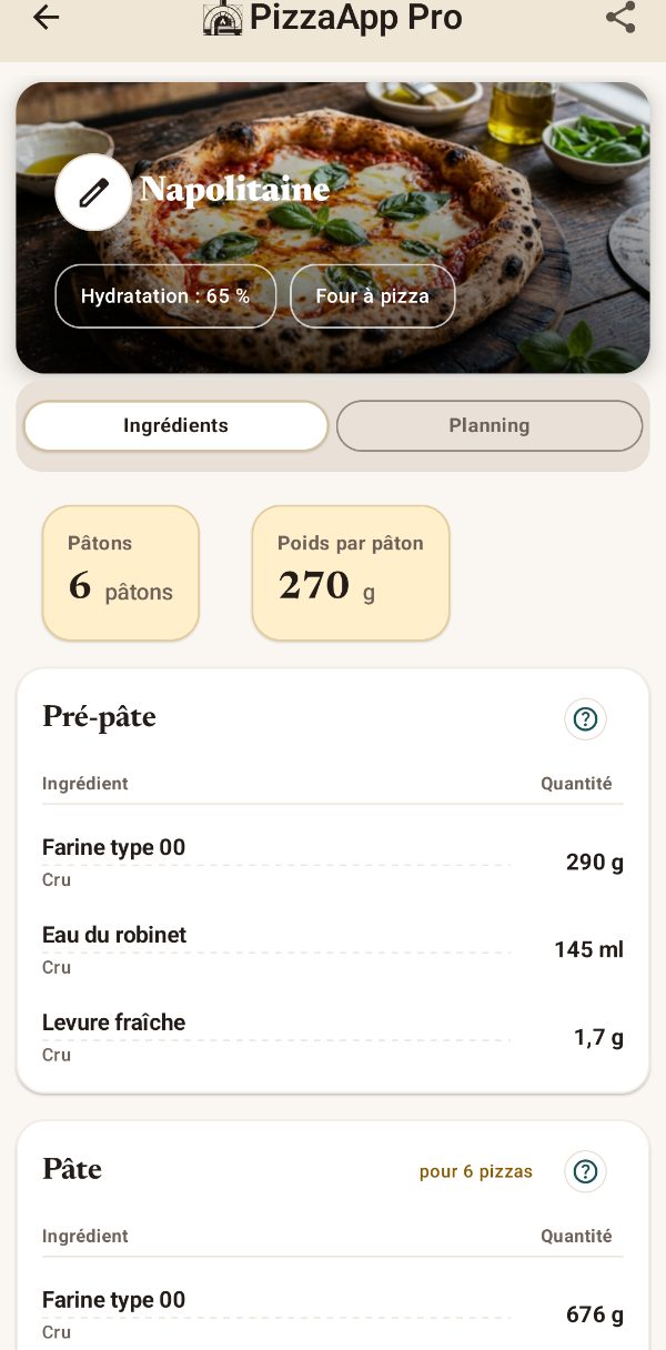 PizzaApp Pro : recette avec pré-pâte et ingrédients en grammes
