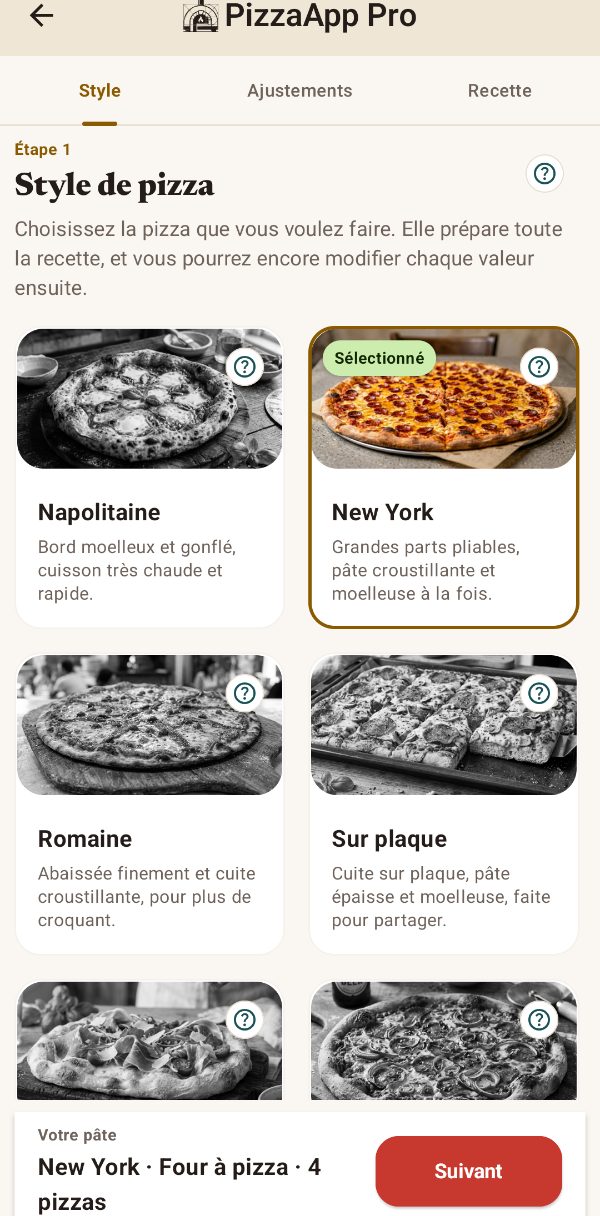 Choix du style de pizza dans l’app