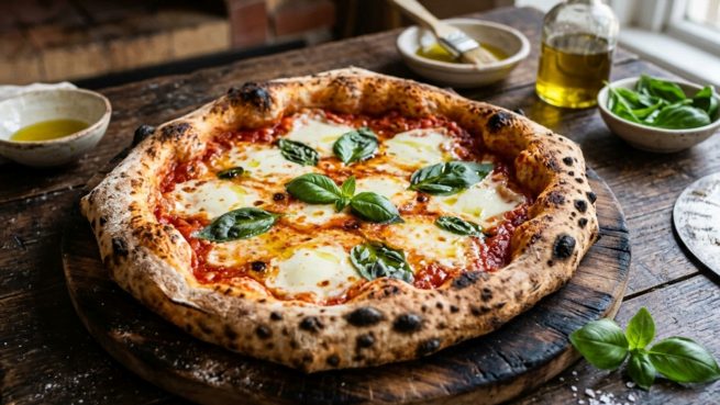 Neapolitan pizza with an airy, leopard-spotted rim