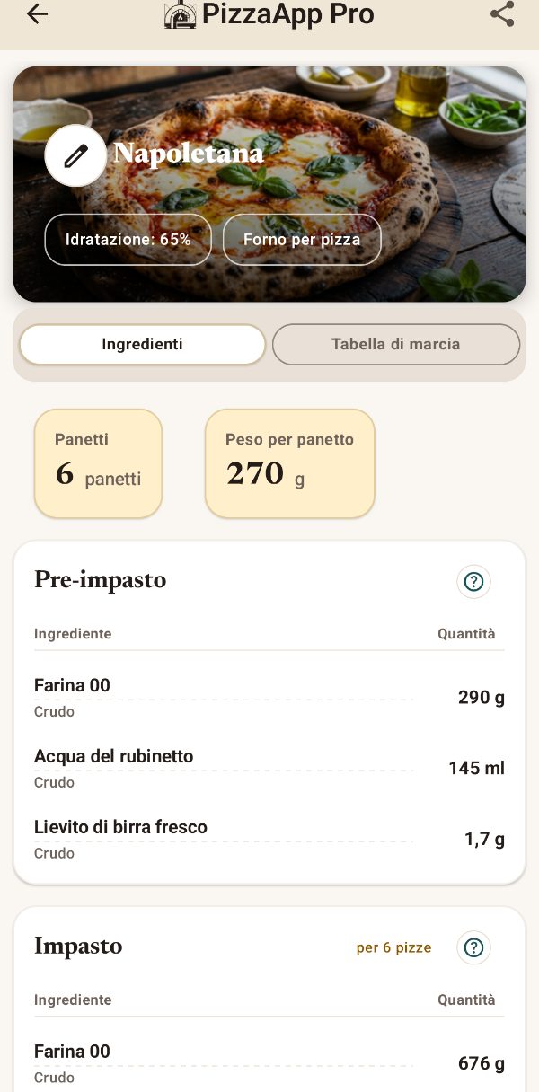 PizzaApp Pro: ricetta con pre-impasto e ingredienti in grammi