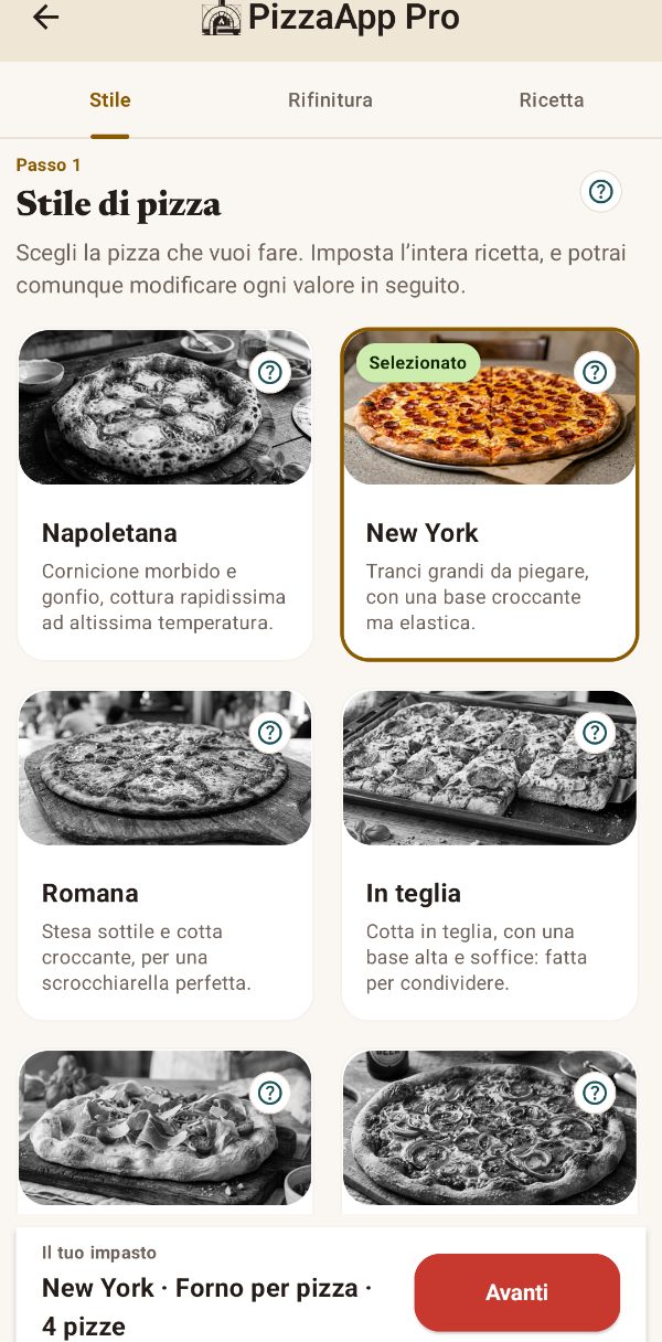 Scelta dello stile di pizza nell’app