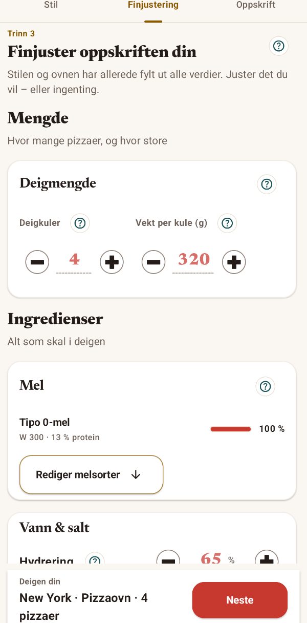 Deigmengde, mel og hydrering under finjustering