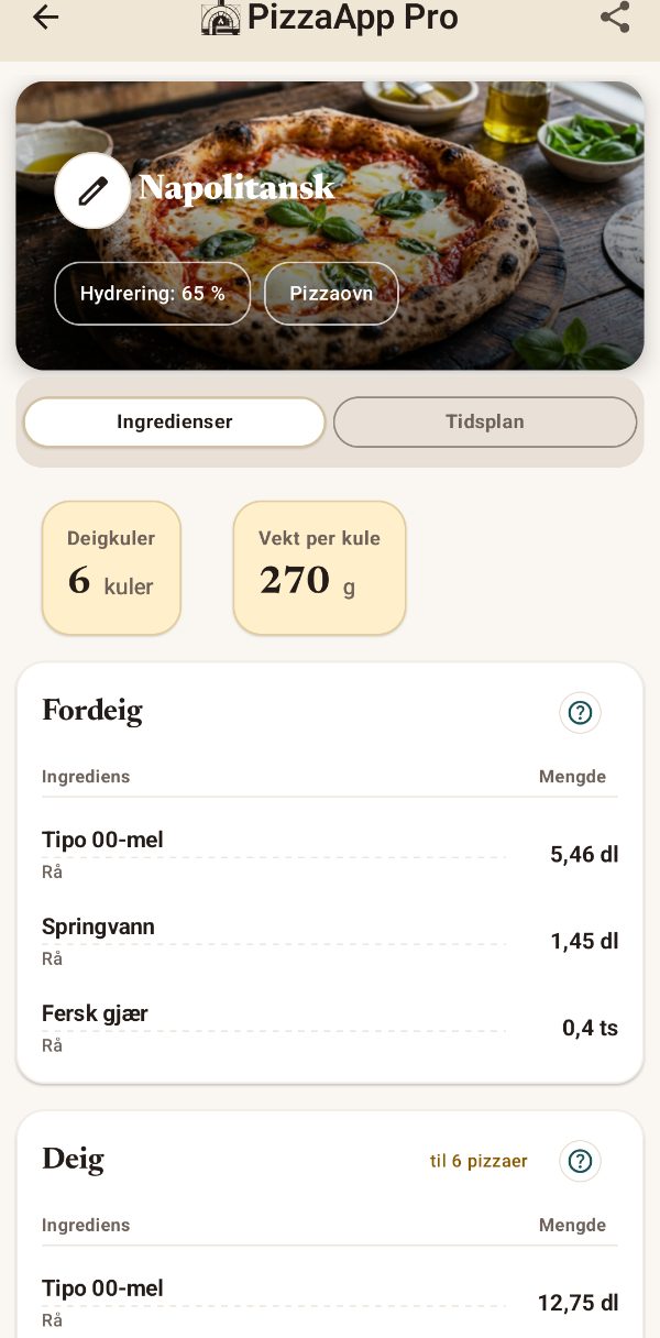 PizzaApp Pro: oppskrift med fordeig og ingredienser i gram