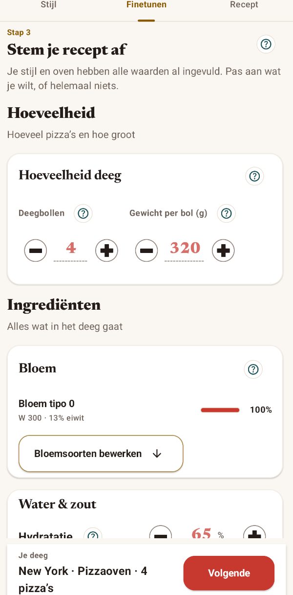 Deeghoeveelheid, bloem en hydratatie bij het fijnafstemmen