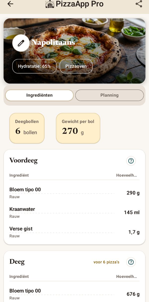 PizzaApp Pro: recept met voordeeg en ingrediënten in grammen