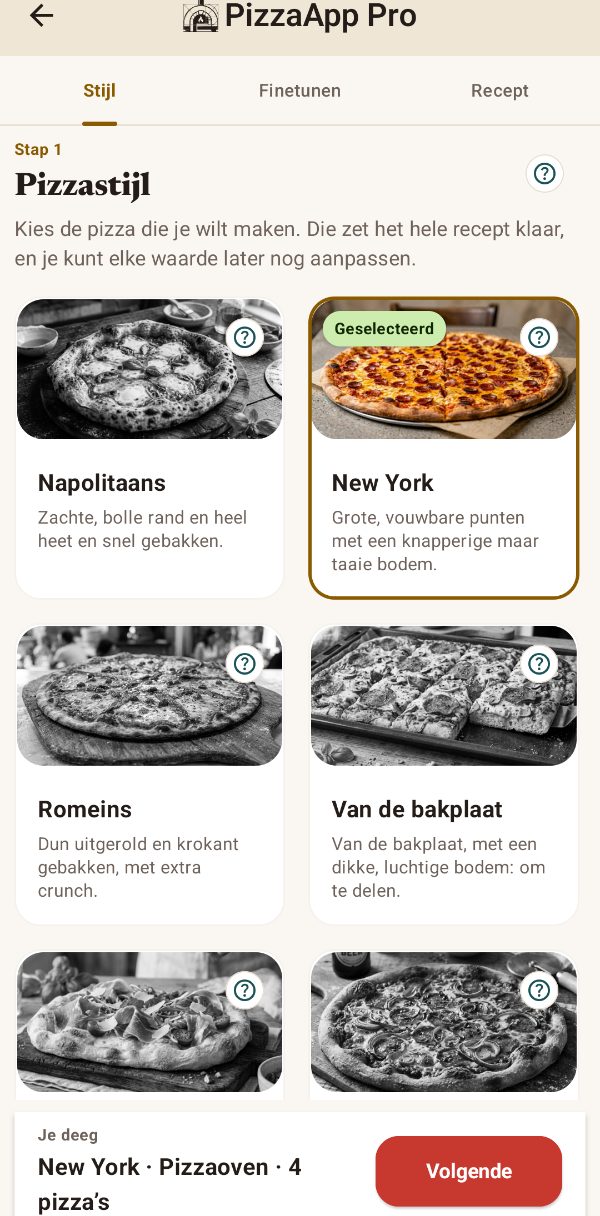 De pizzastijl kiezen in de app