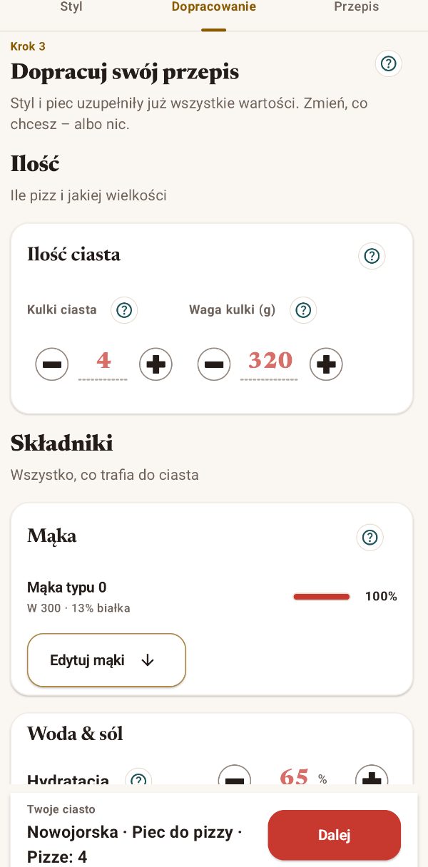 Ilość ciasta, mąka i hydratacja podczas dopracowywania