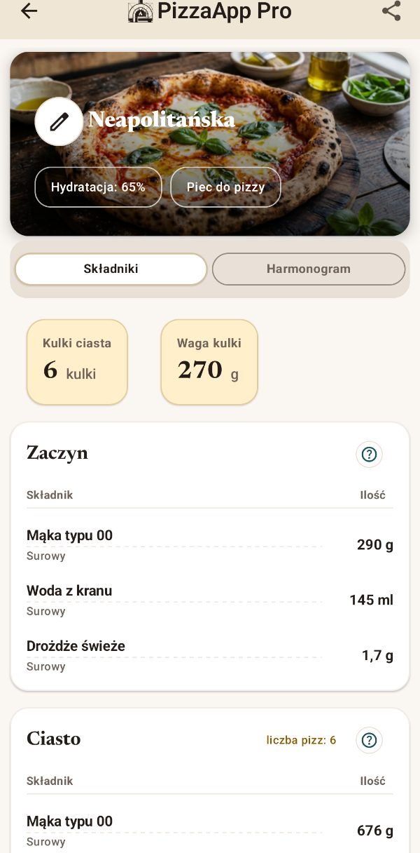 PizzaApp Pro: przepis z zaczynem i składnikami w gramach