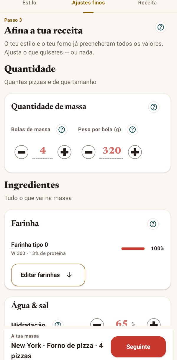 Quantidade de massa, farinha e hidratação no ajuste fino