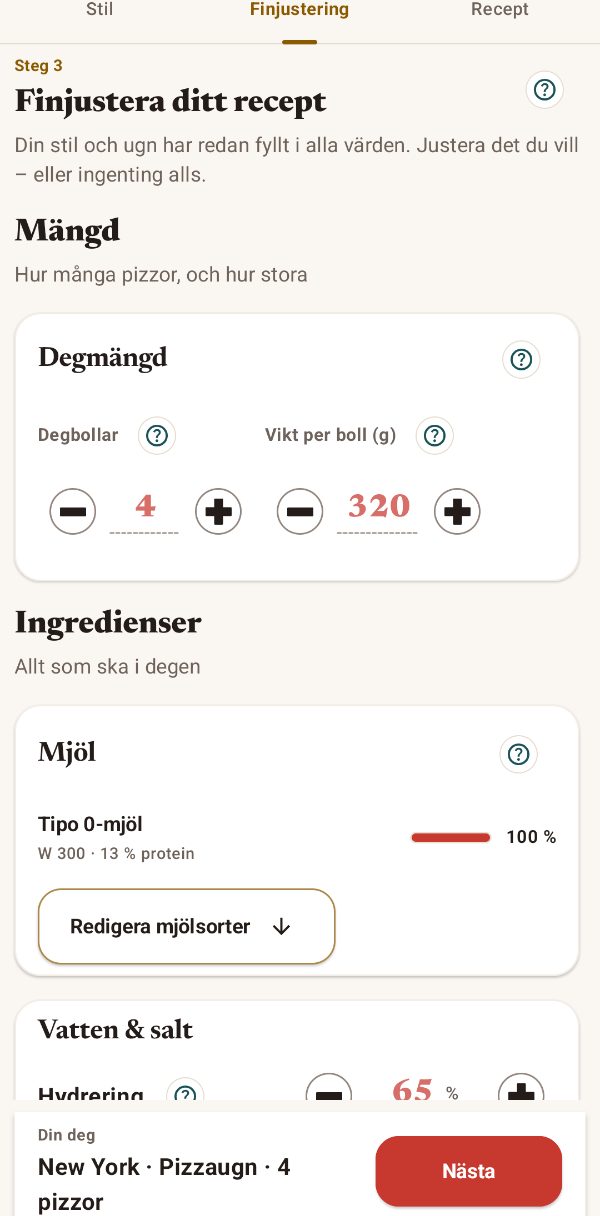 Degmängd, mjöl och hydrering vid finjustering